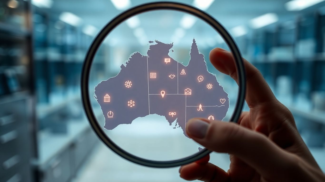 Australian map with research icons and magnifying glass.