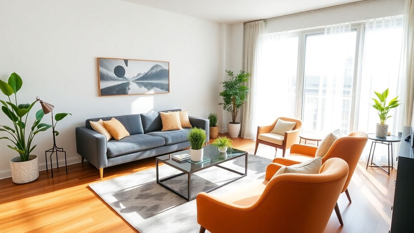 Stylish living room furniture for an Airbnb.