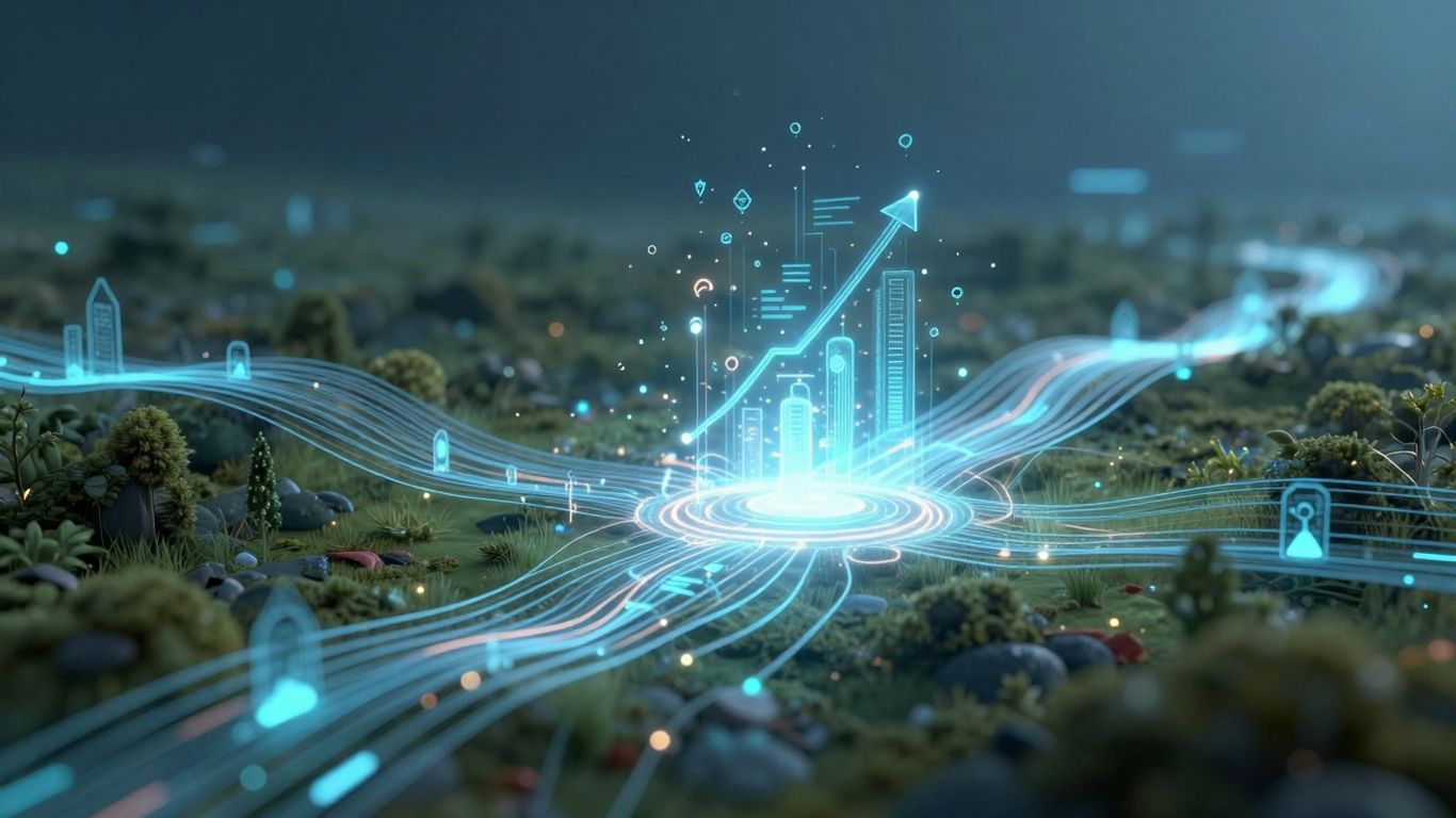 Digital data streams converging into a glowing core.