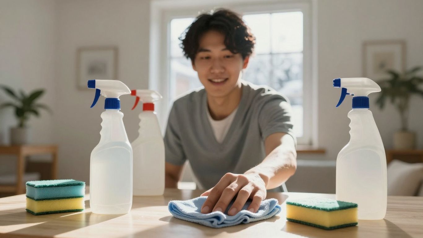 Person cleaning a tidy home during winter.