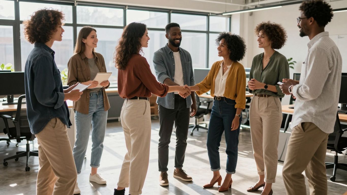 Professionals networking in a modern office environment.