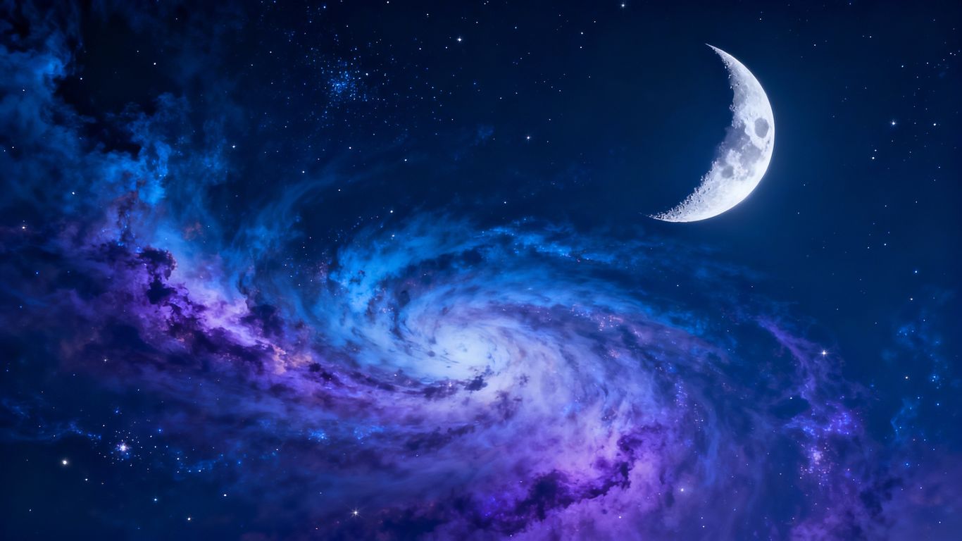 Starry night sky with moon and nebulae.