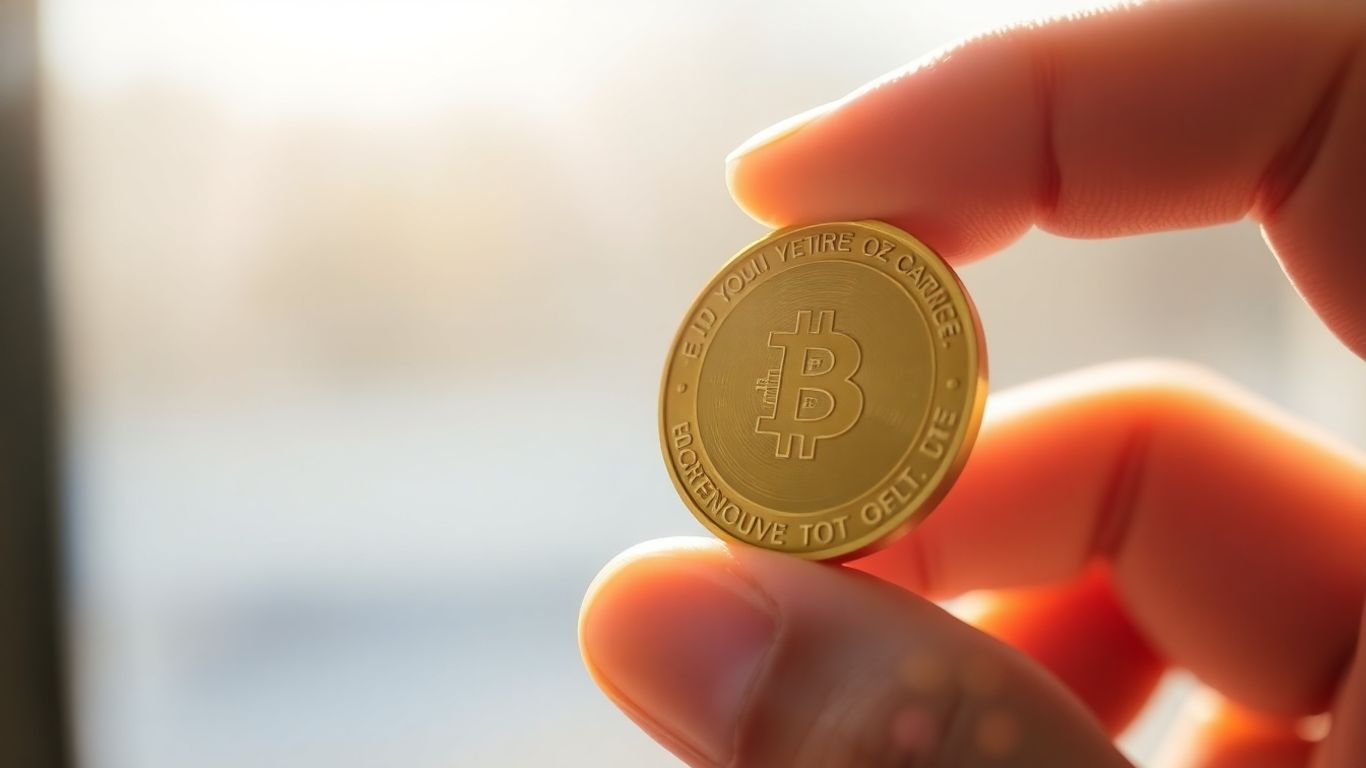 金色的手拿着一枚闪闪发光的金币。