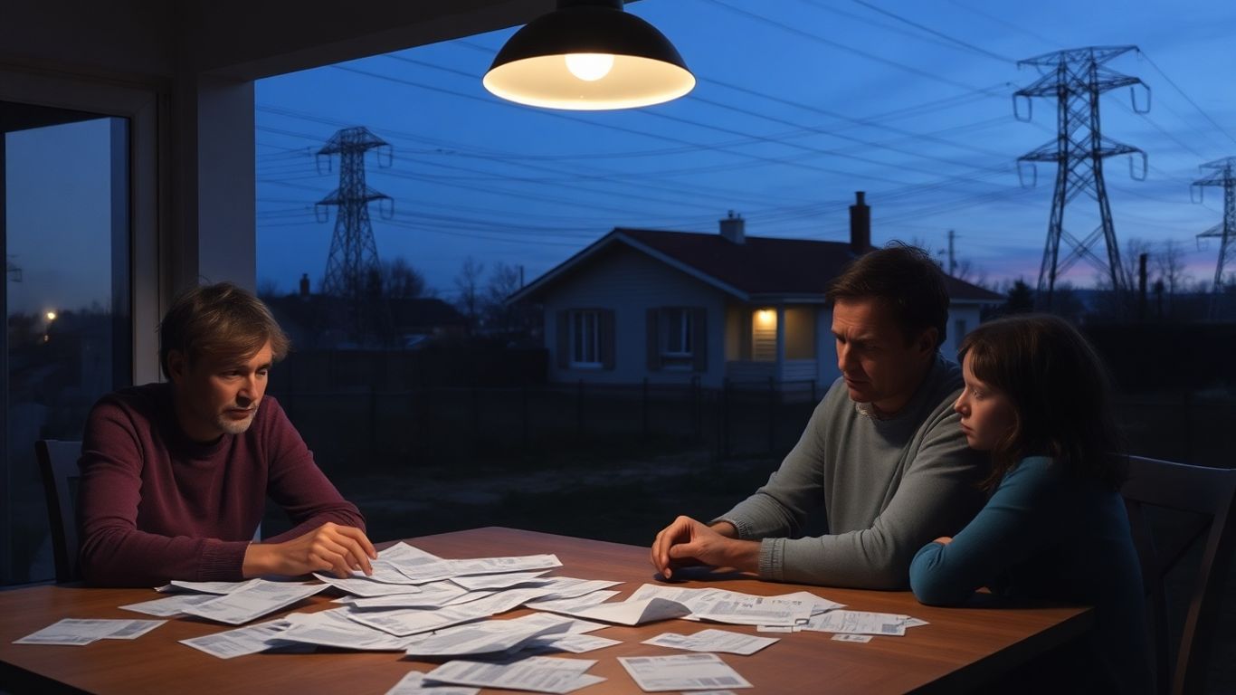 Worried family with bills and dim lights at the table.