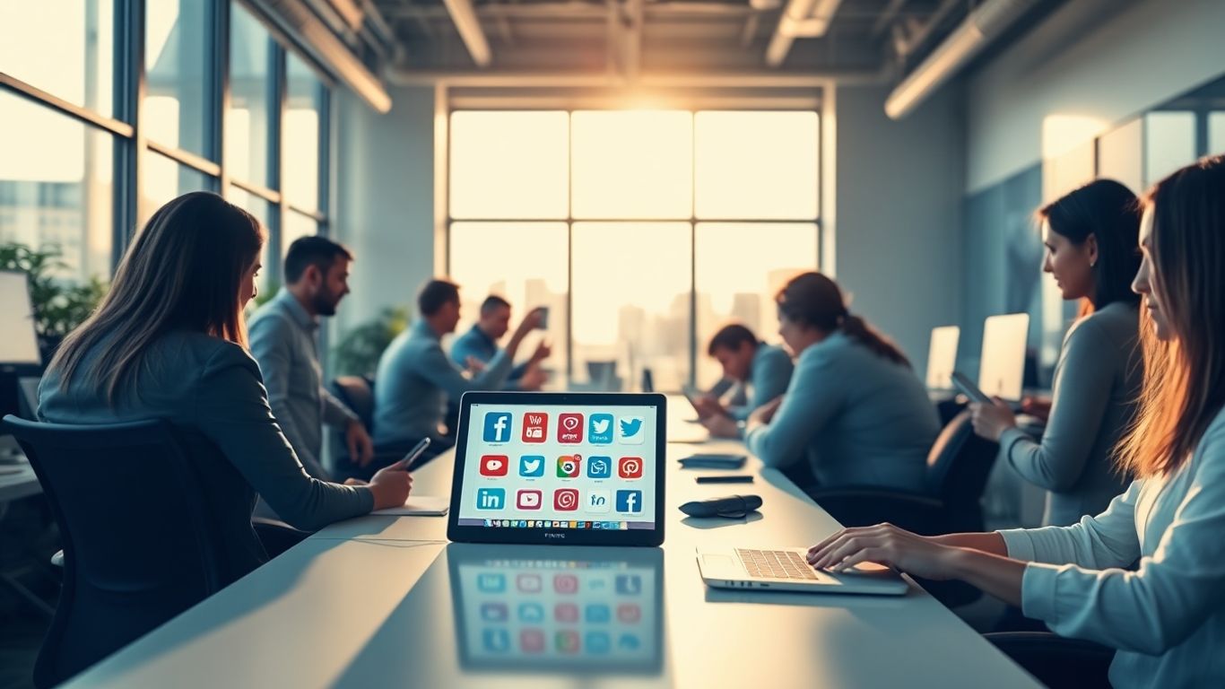 Personnes travaillant sur des appareils numériques dans un bureau moderne.