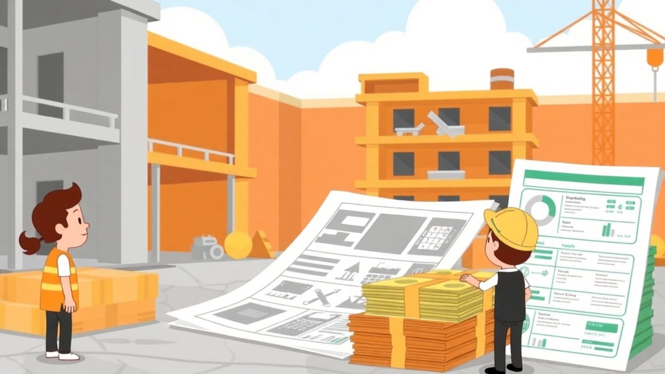 Construction loan money and blueprint illustration