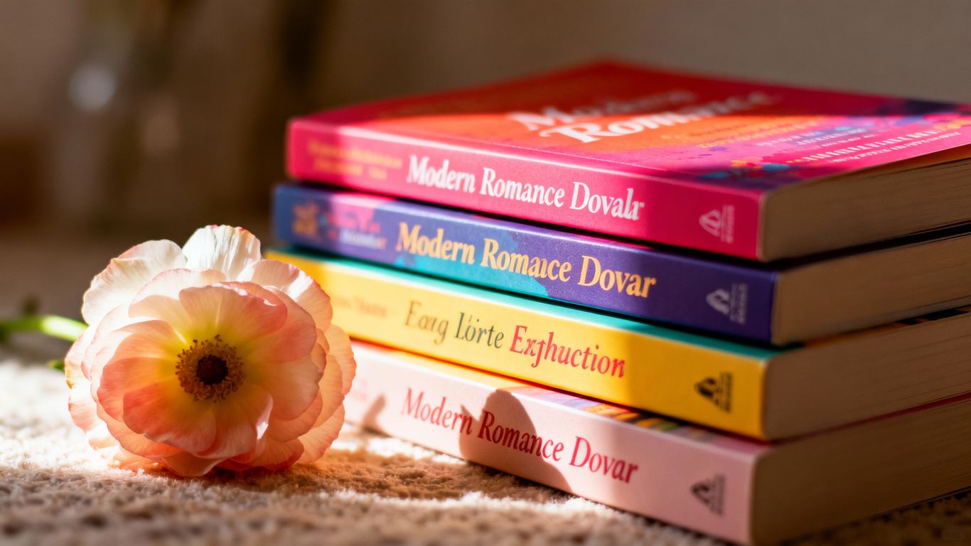 Stack of contemporary romance novellas with a flower.