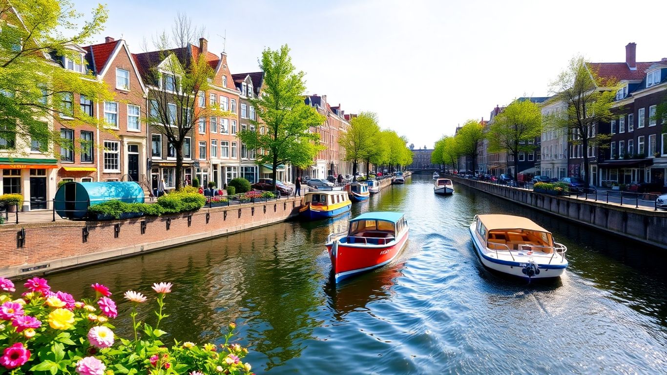 Amsterdam canal with colorful houses and boats.