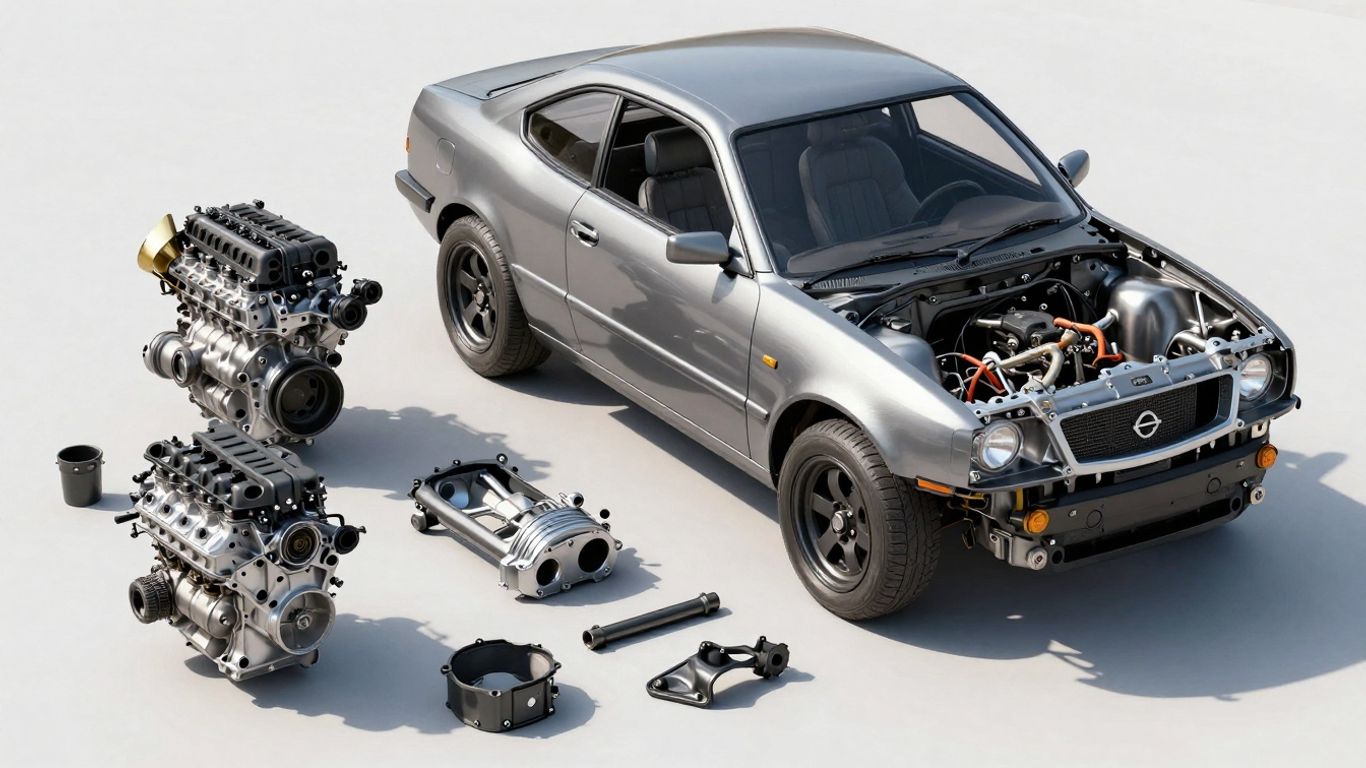 Nissan Pulsar parts laid out for recycling.