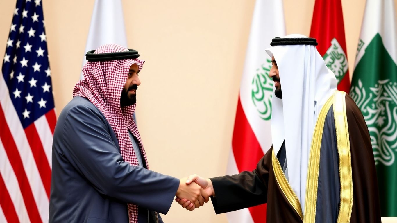 US and Saudi officials shaking hands, flags in background.