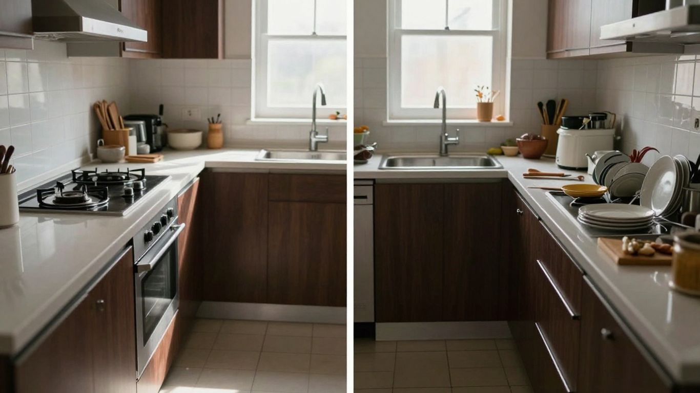 Clean kitchen versus messy kitchen comparison