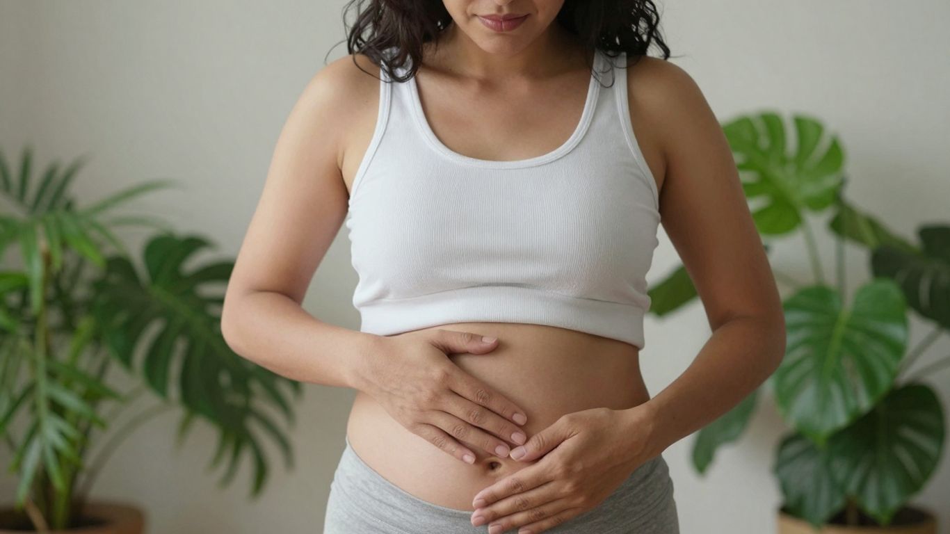 Femeie calmă atingându-și abdomenul înconjurat de natură.