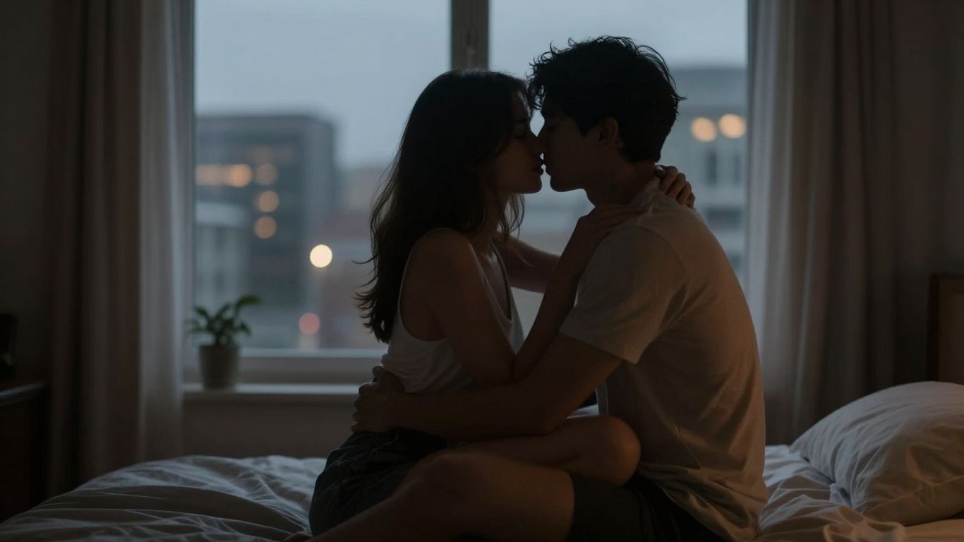 Couple embracing in a dimly lit bedroom with city lights.