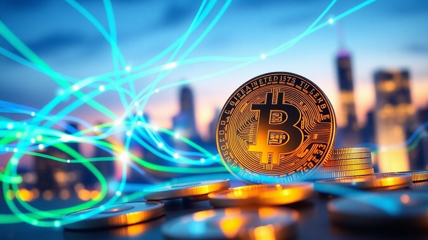 Digital coins and abstract light streams over a cityscape.