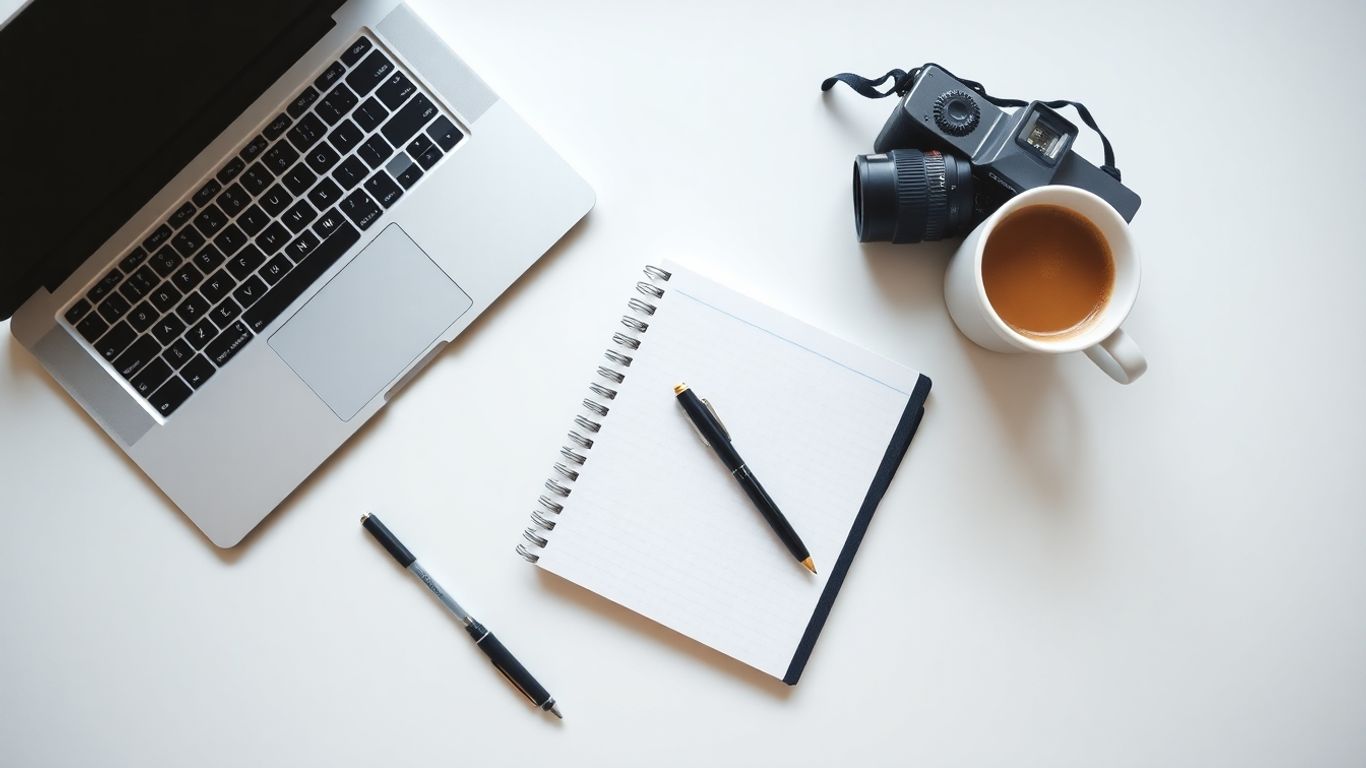 Blogging tools and gifts on a table.