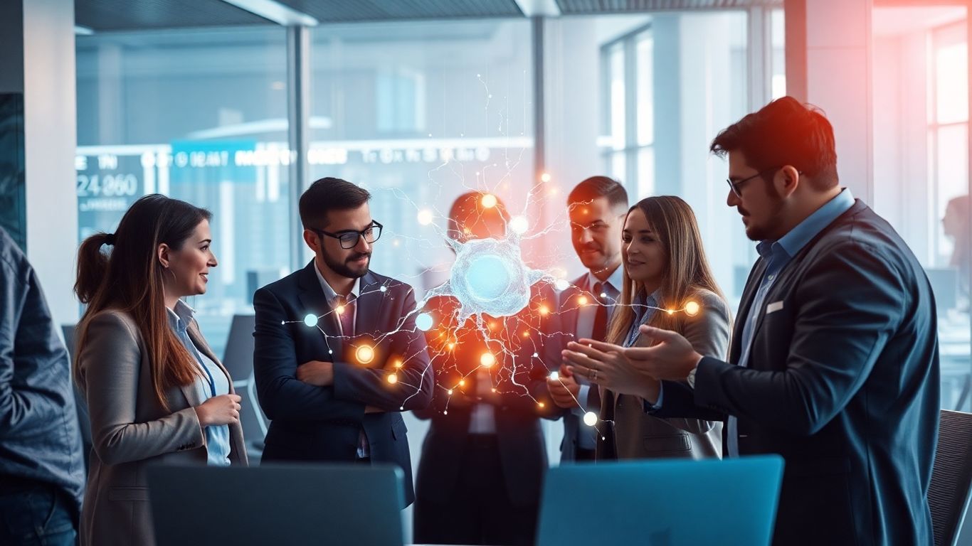 Business professionals interacting with AI interface.