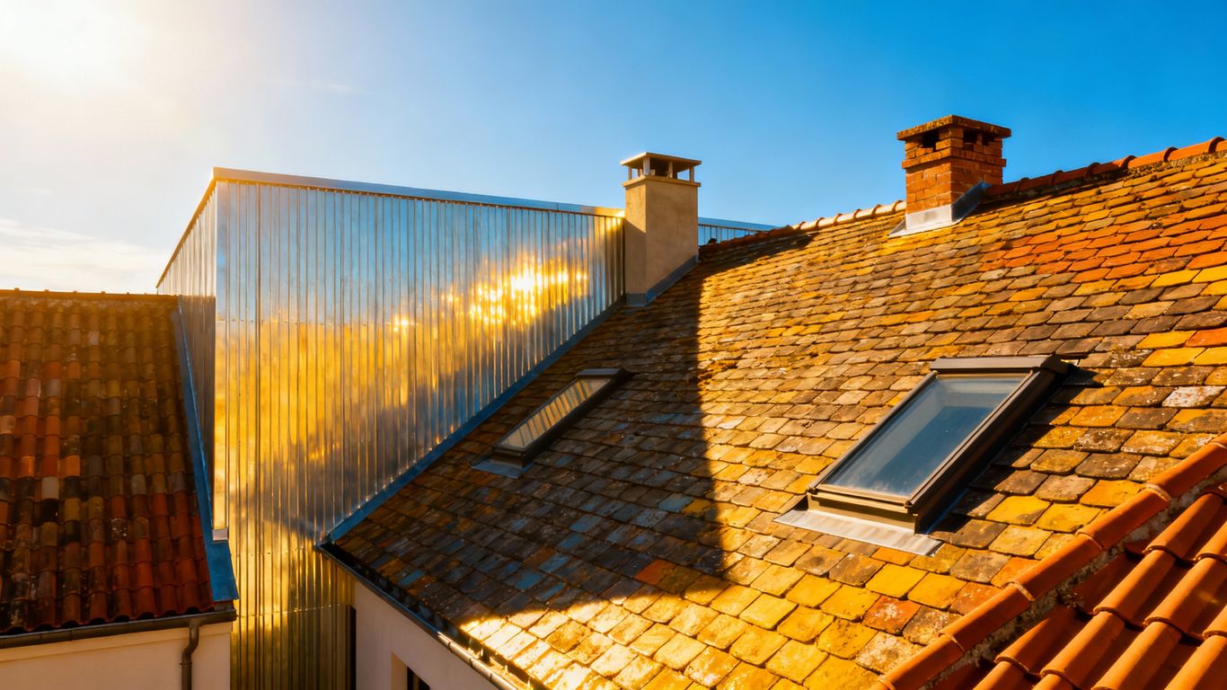Modern and traditional roofing materials on a sunny day.