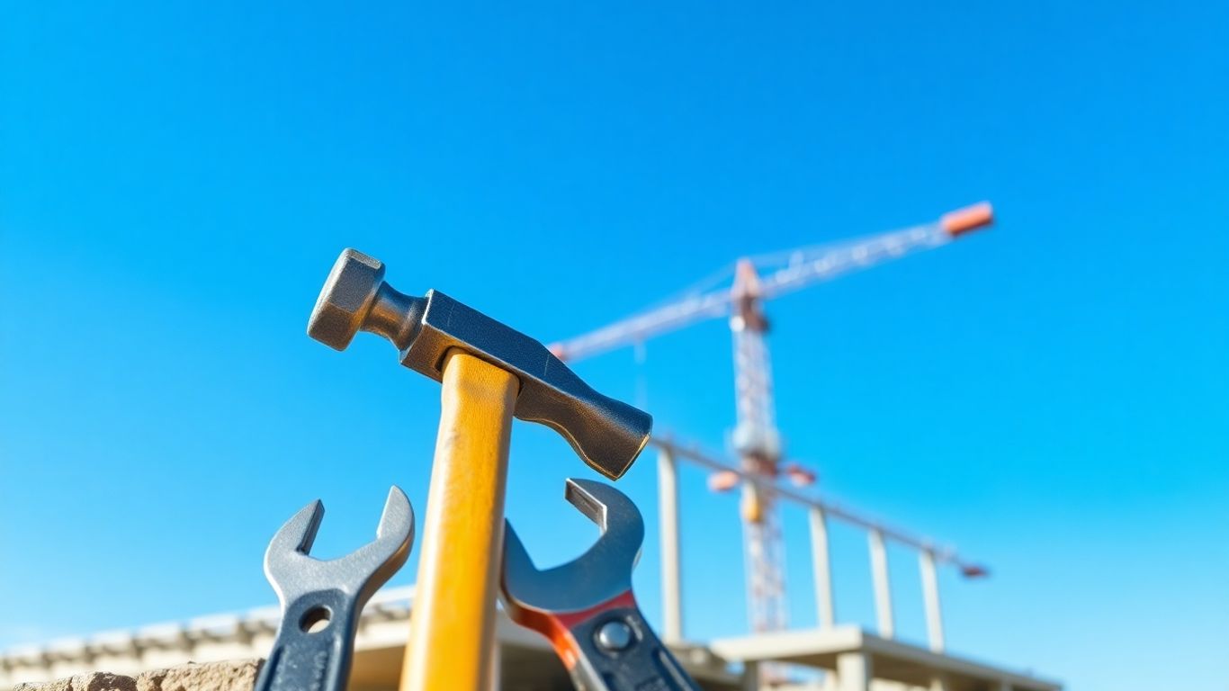 Construction site with tools and digital overlay.