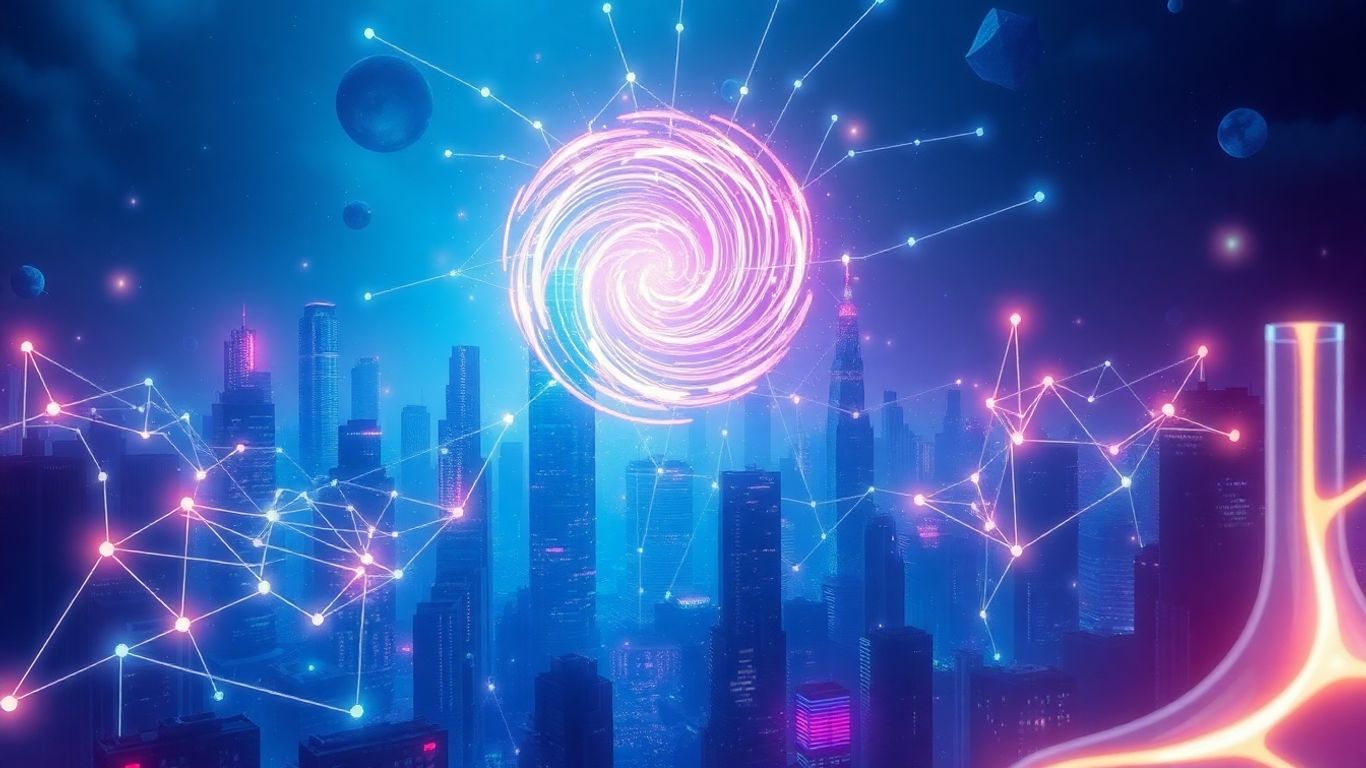 Abstract glowing neural network over a futuristic cityscape.