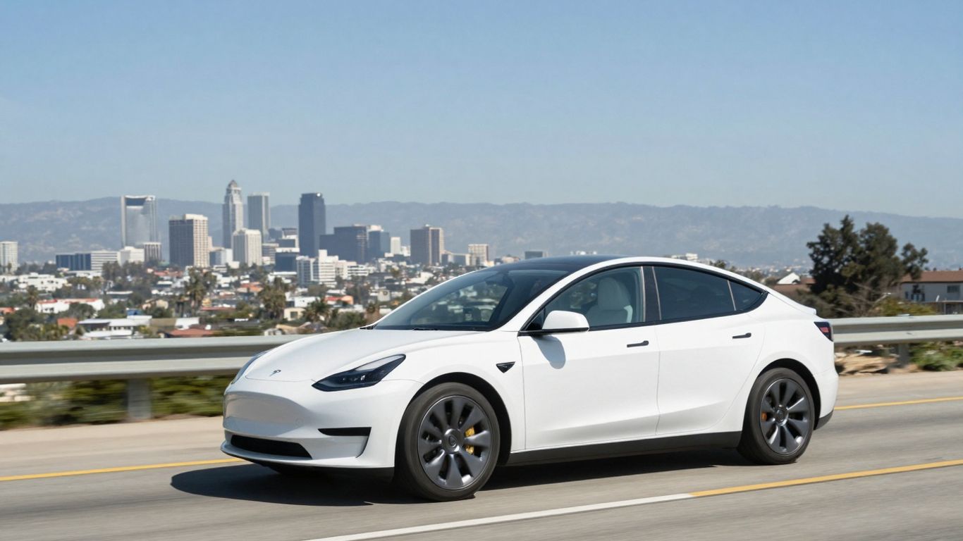 Tesla car driving on a California highway.