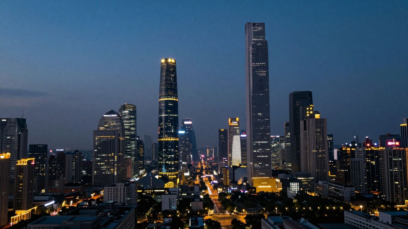 Cityscape with illuminated skyscrapers at dusk.