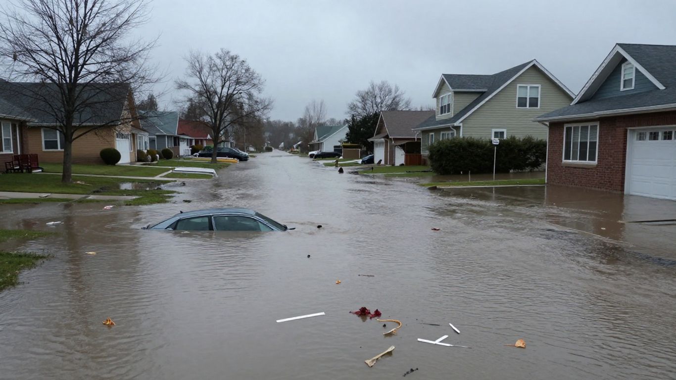 Flooded houses on a submerged street.