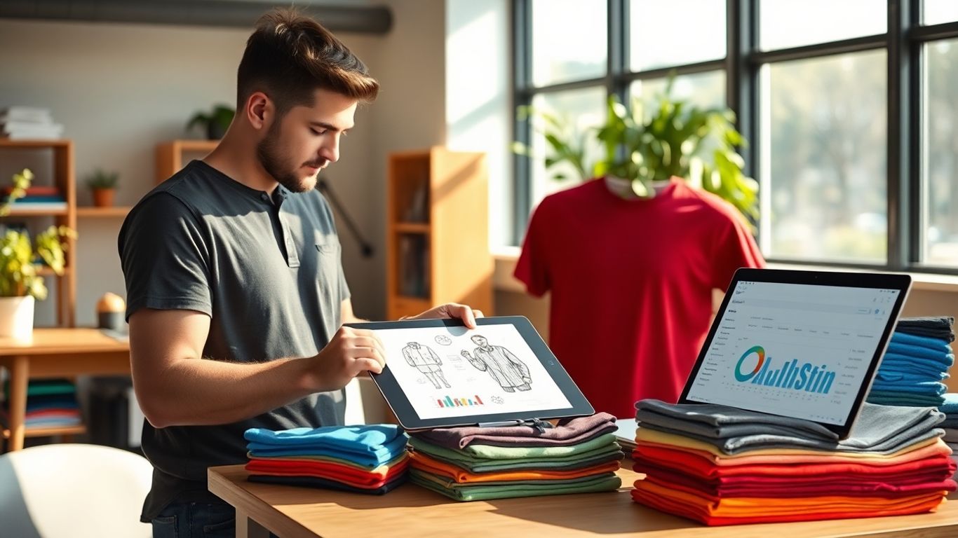 Designer sketching t-shirt graphics on a tablet in a bright studio.