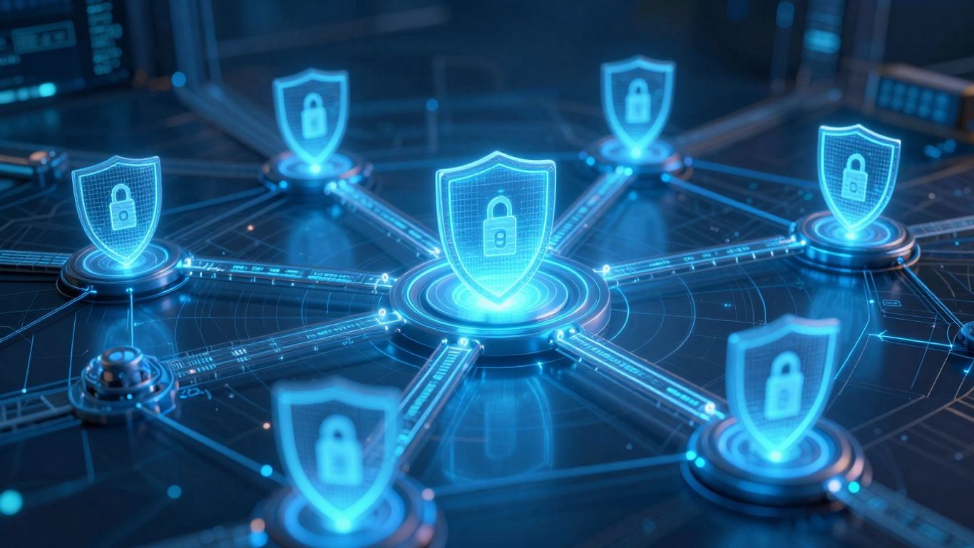 Secure network infrastructure with digital shields and barriers.