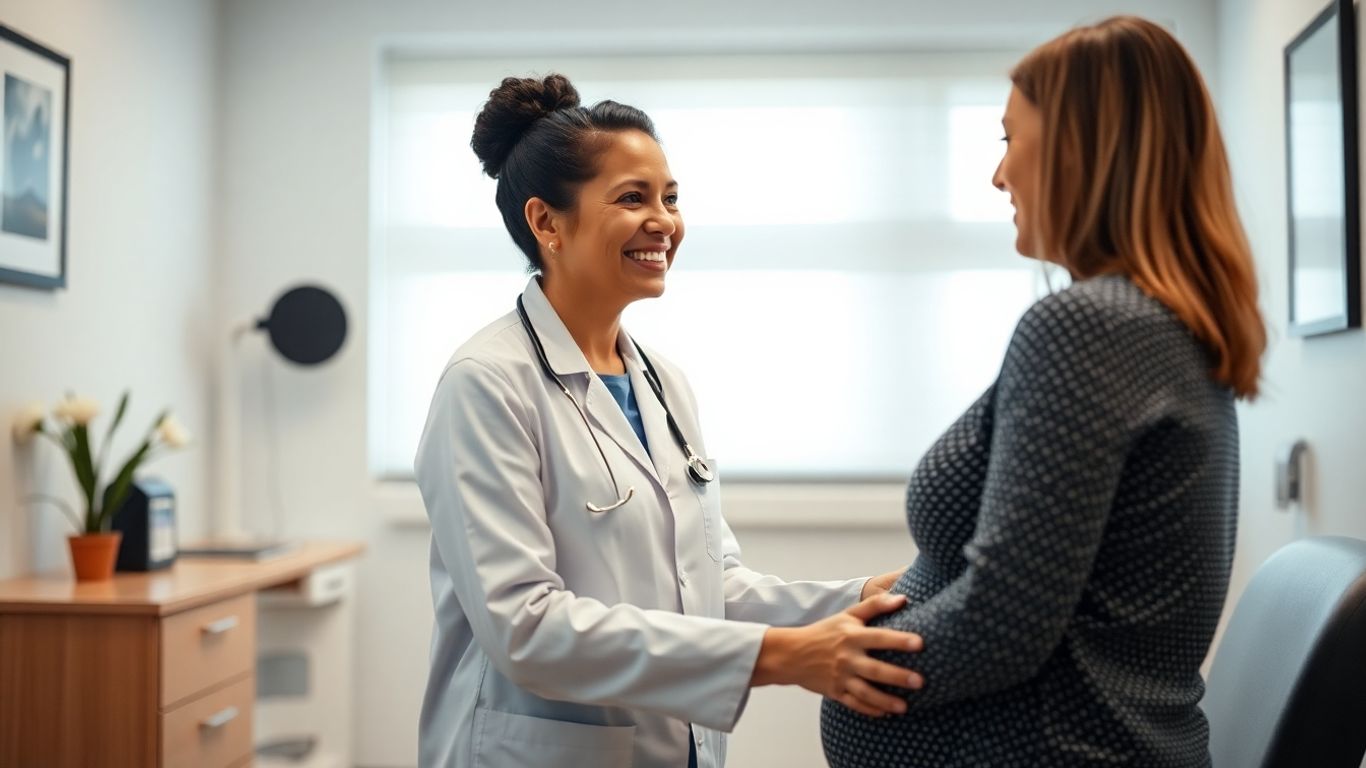 Ginecologista cumprimentando paciente em consultório médico.