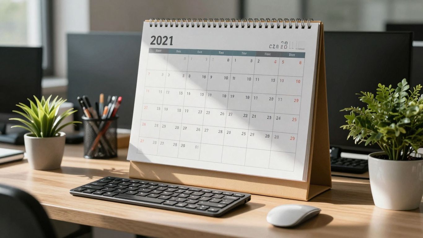 Fiscal retail calendar on an office desk.