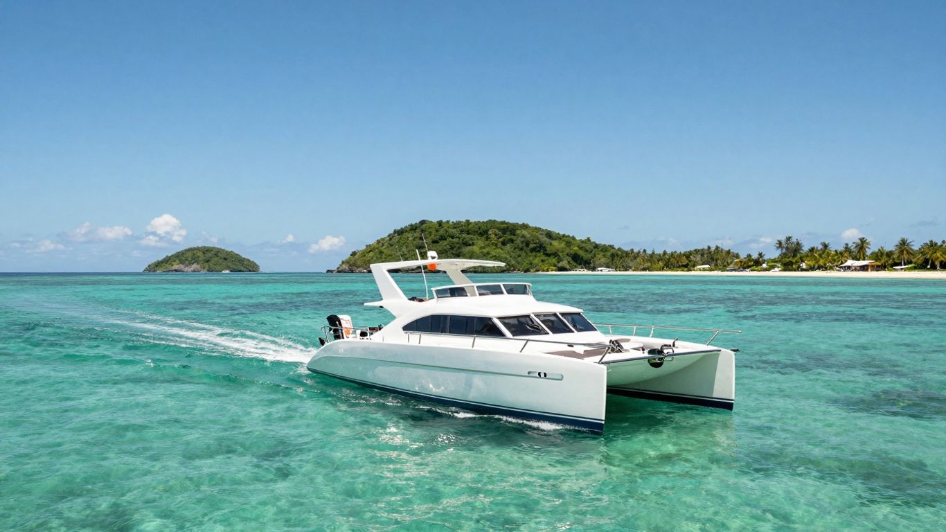 Catamaran sailing in clear turquoise Bahamian waters near islands.