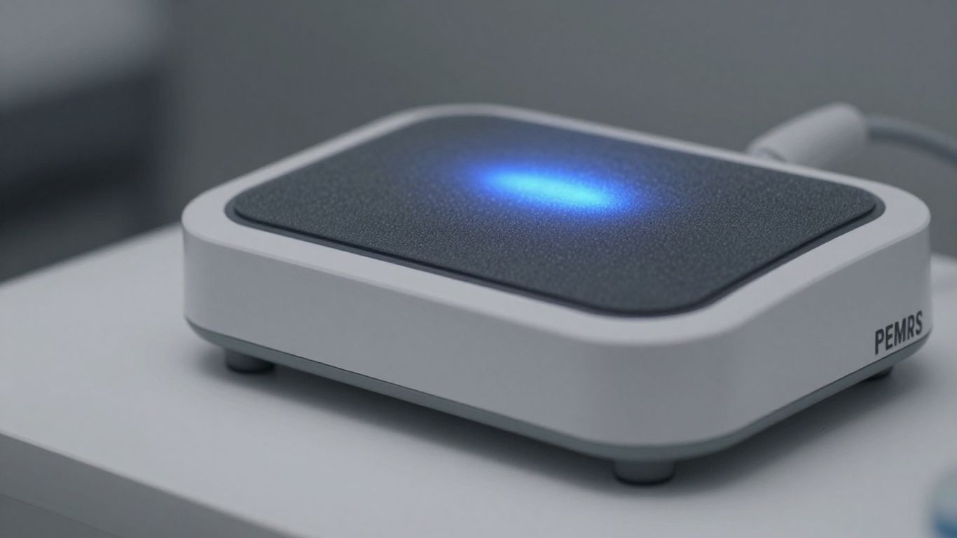 PEMF machine with glowing blue light.