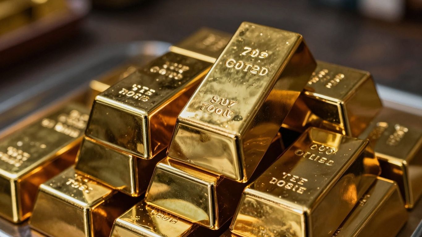 闪亮的金条堆叠在一起。