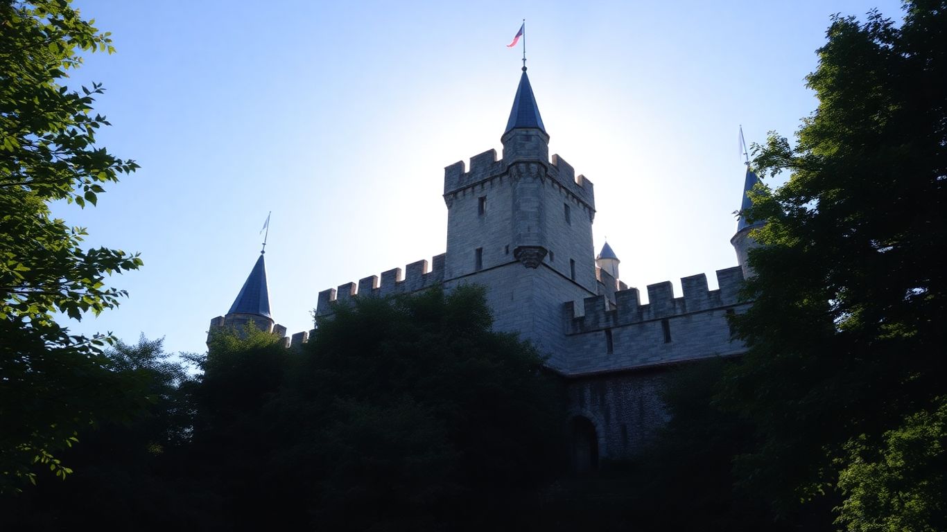 Majestätische Burg mit blauen Himmel und grünen Bäumen