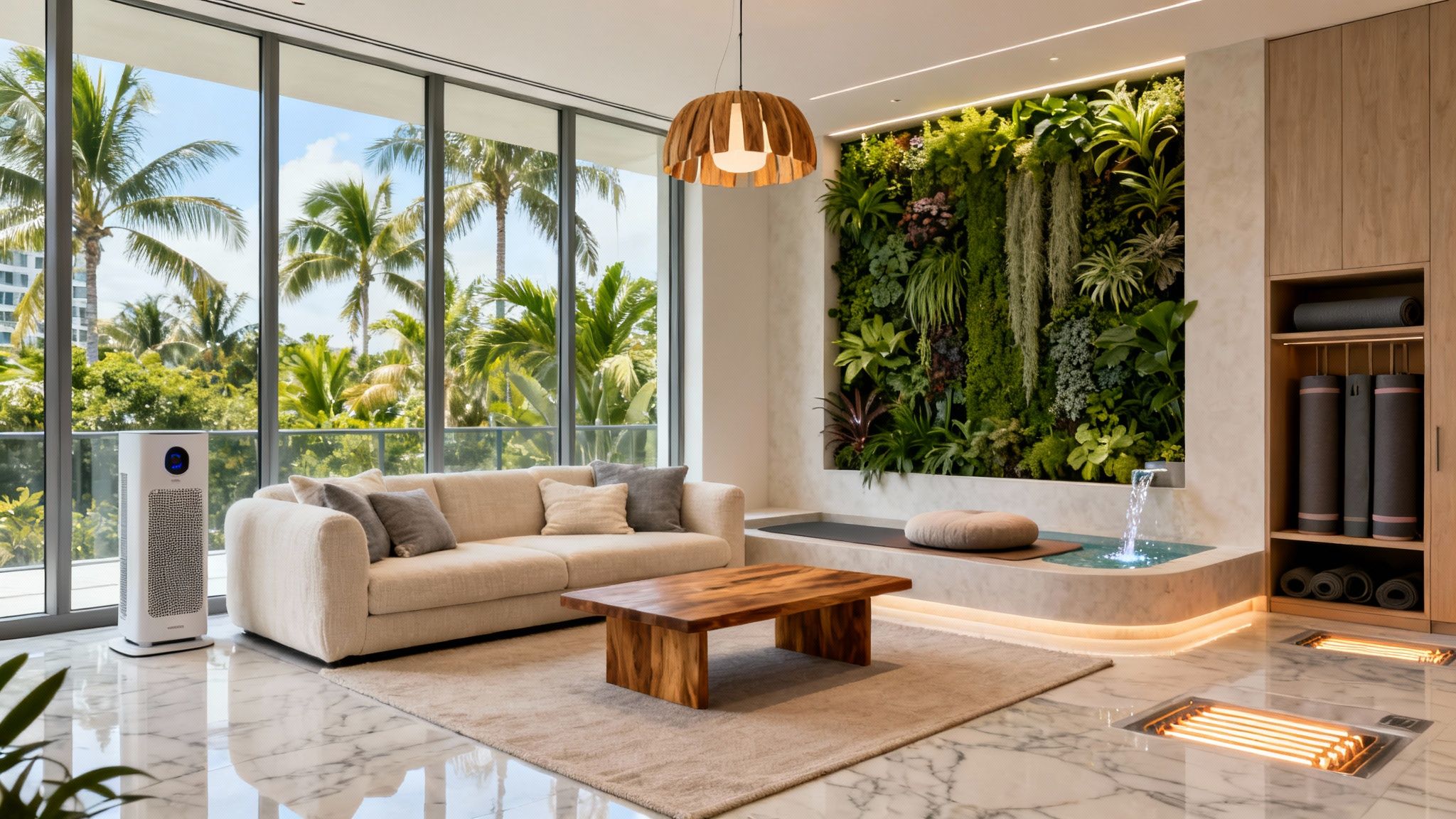Luxurious wellness-focused living room interior inside a THE WELL Coconut Grove condo