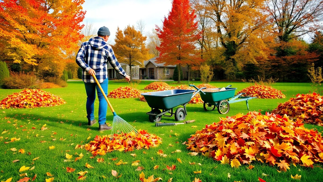Gartenarbeit im Oktober mit buntem Herbstlaub und Harke
