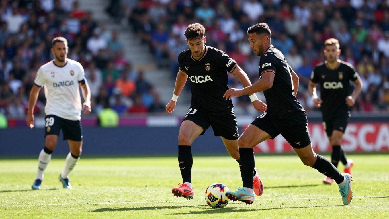 La Liga football players in action on a sunny pitch.