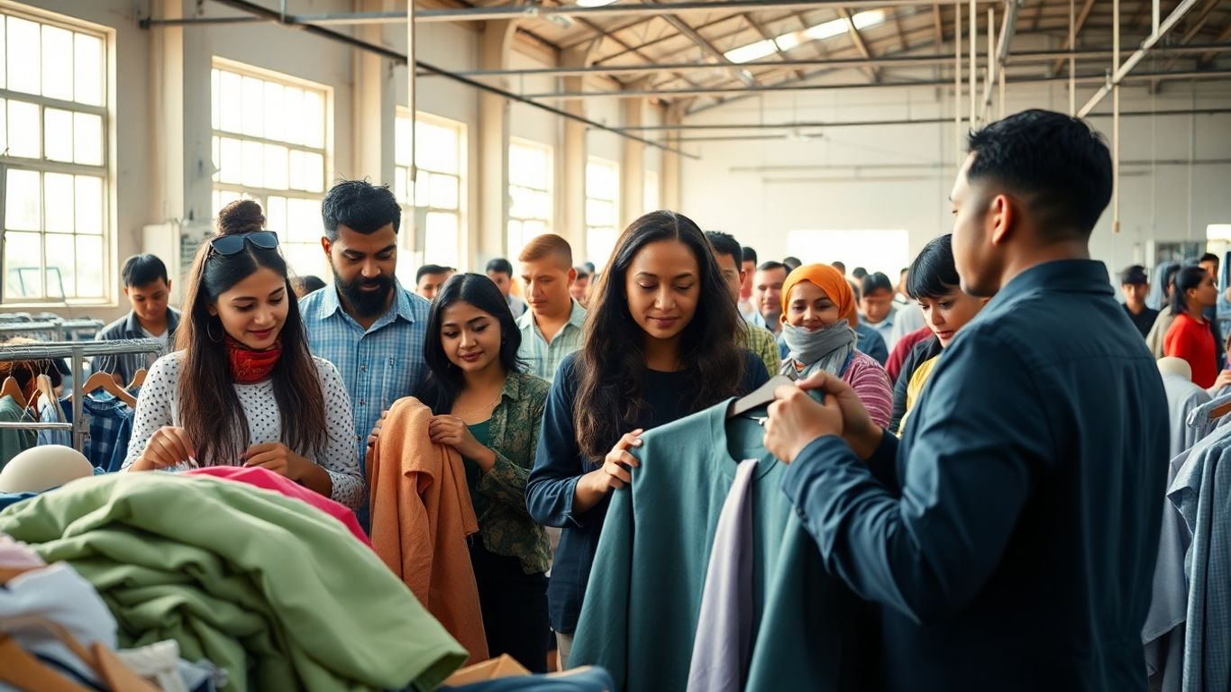 Garment factory with workers and quality apparel.