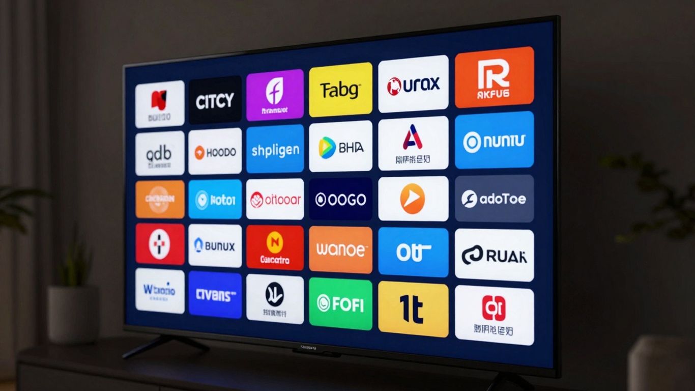 Television screen with colorful channel logos for IPTV.