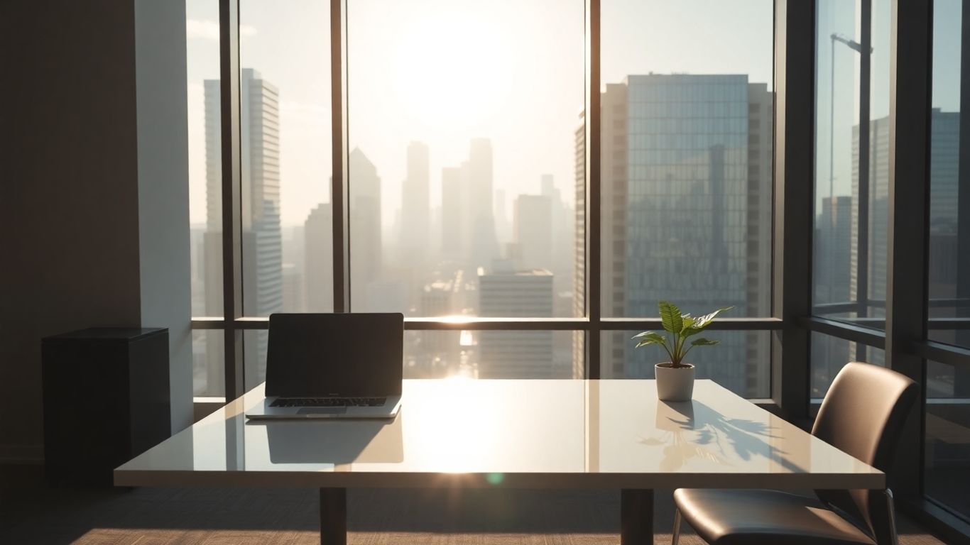 Modern office with city view and sunlight.