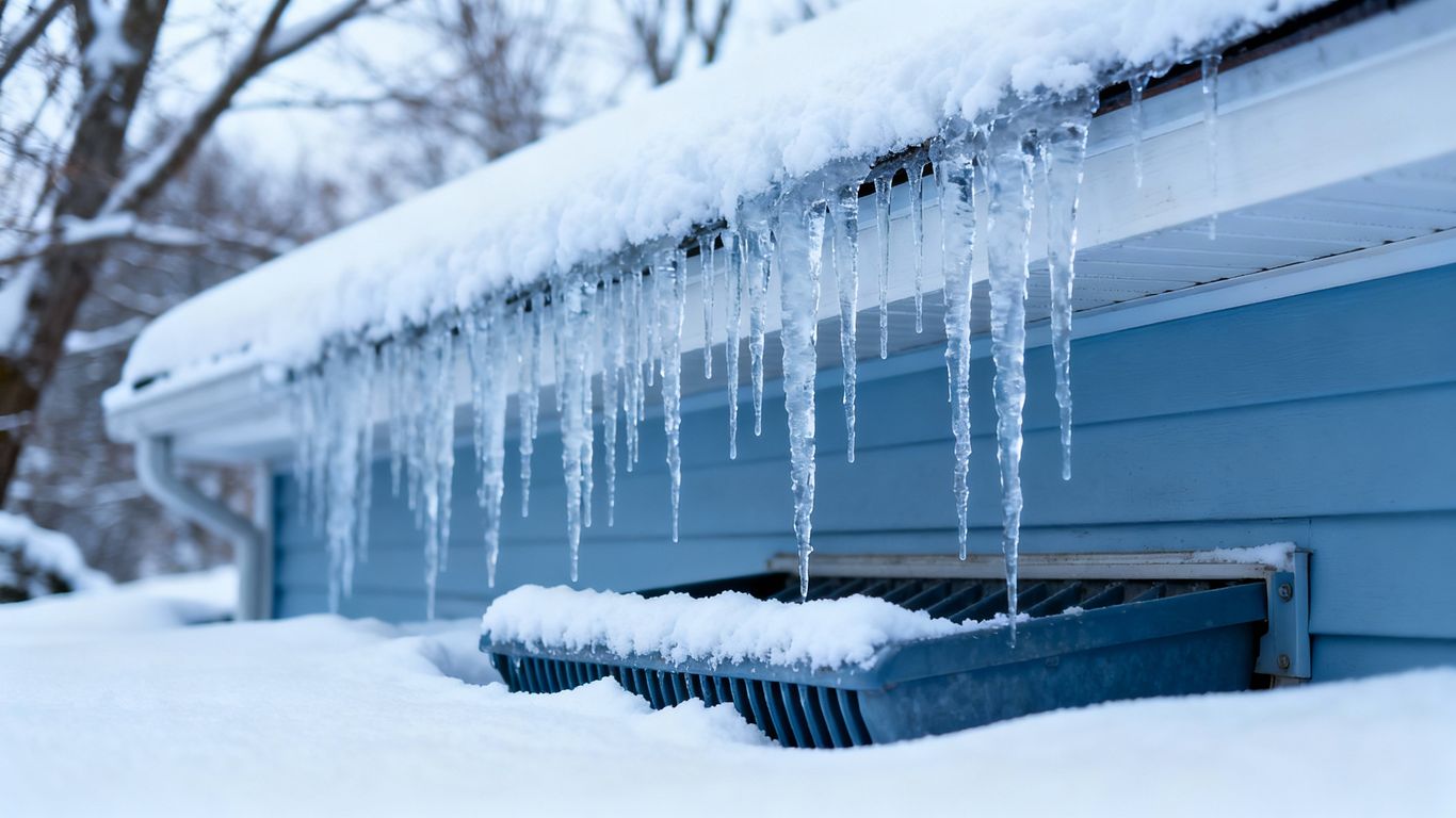 Snowy house roof with icicles and gutters in winter.