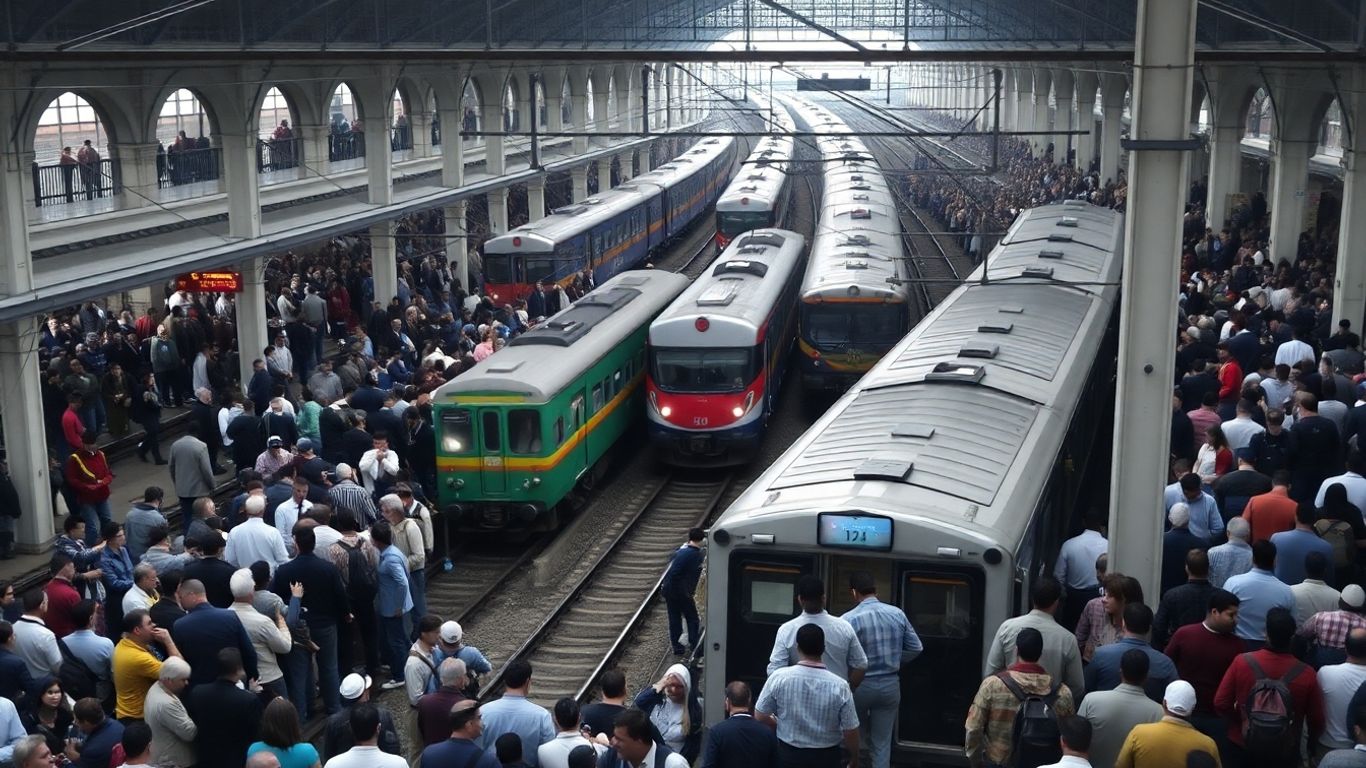 Foule dans une gare avec des trains à l'arrêt.
