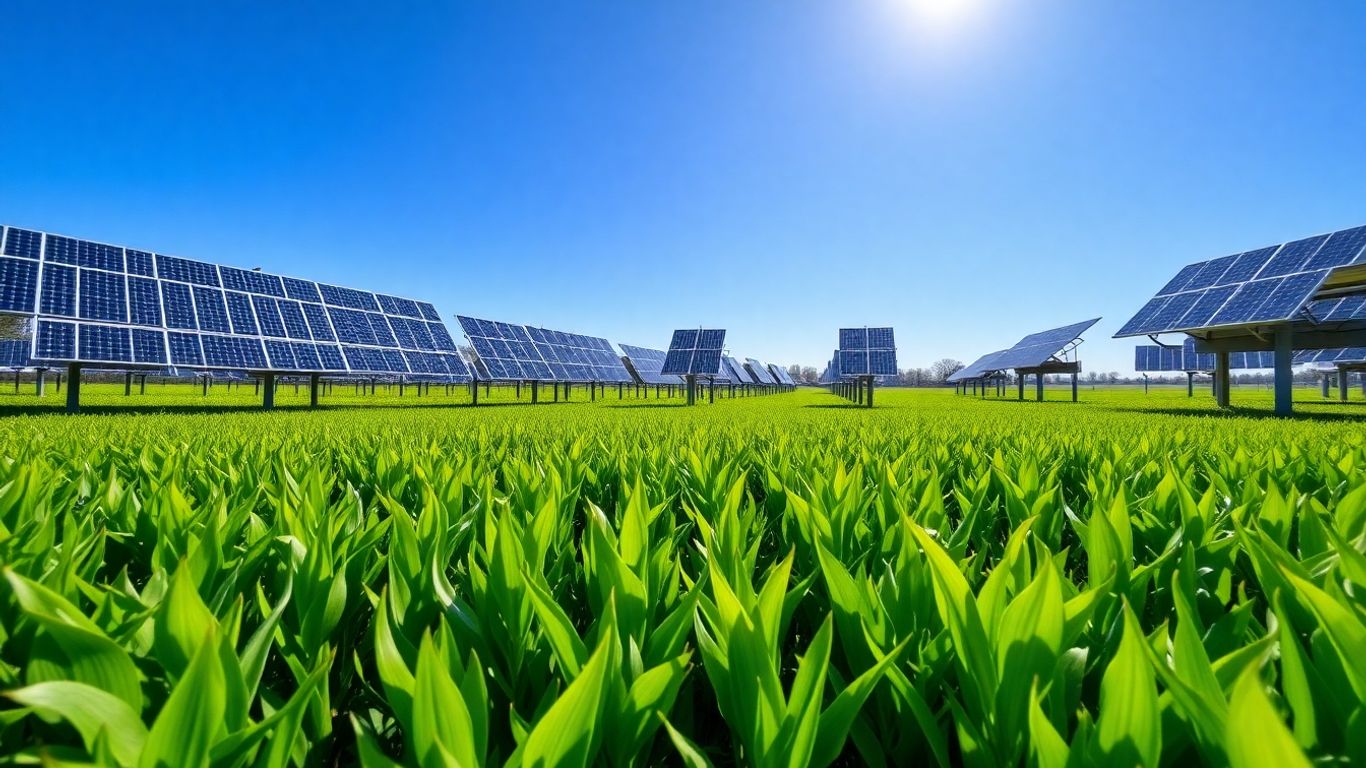 Solar panels above crops on a farm.