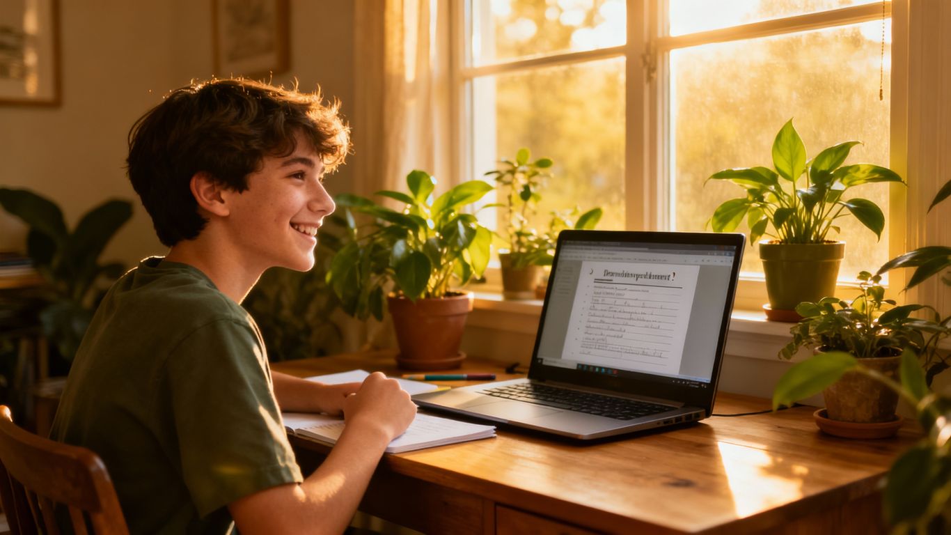 Student studying at home, feeling motivated and accomplished.