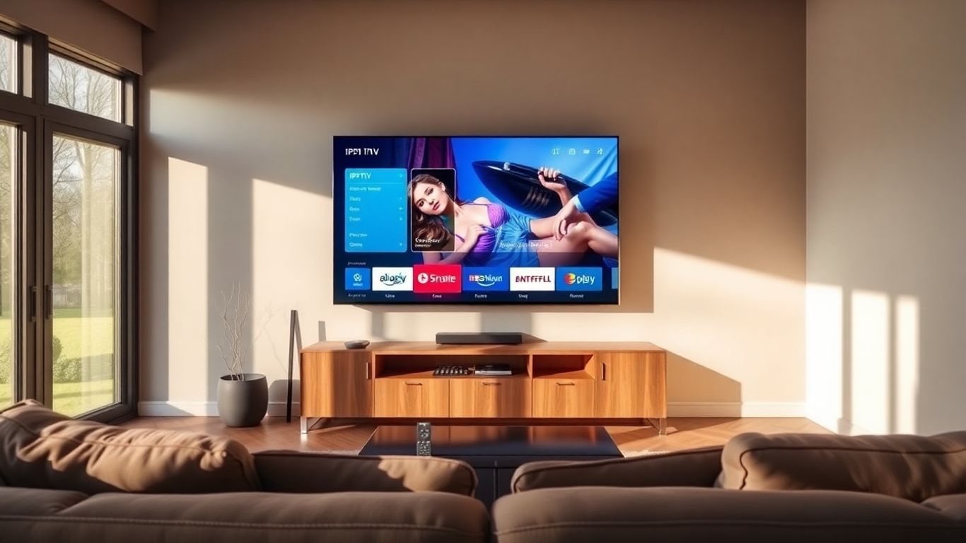 Modern living room with IPTV on TV.