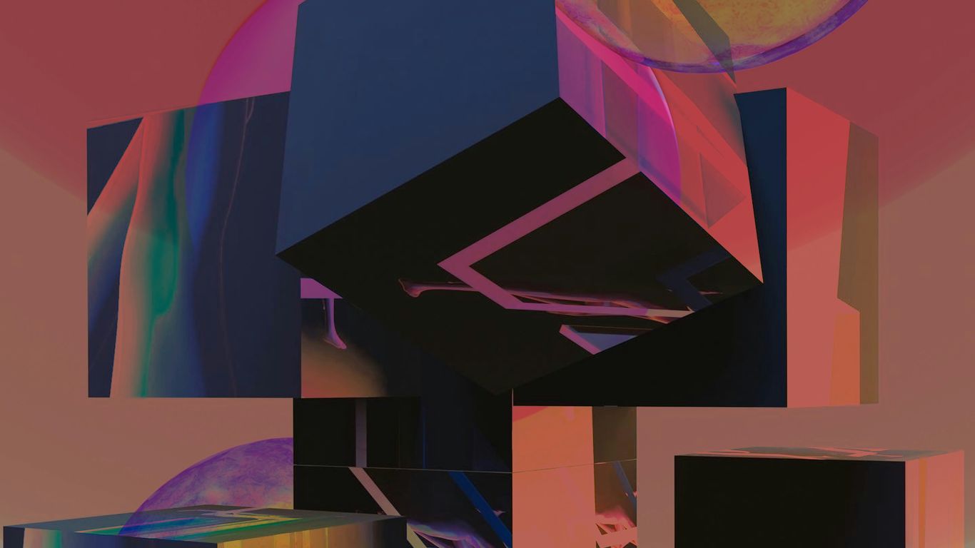 a digital painting of a cube with a sphere in the background