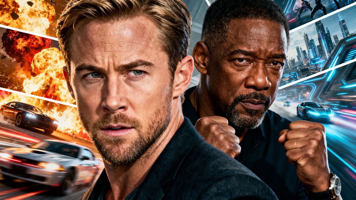 Stars [Ryan Gosling] and [Denzel Washington] in blockbuster movie scenes.