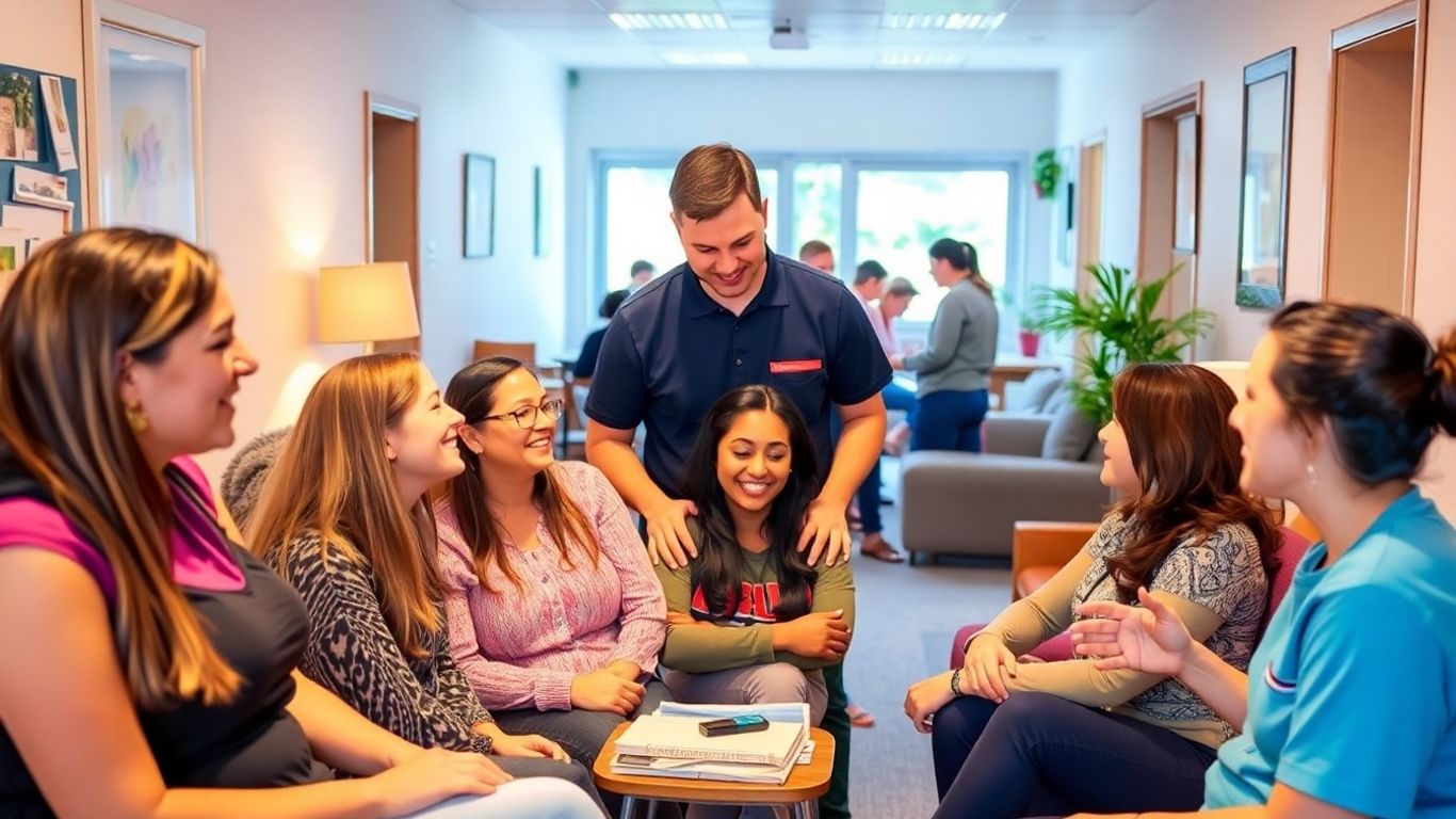 Supportive UK hostel staff aiding diverse homeless individuals