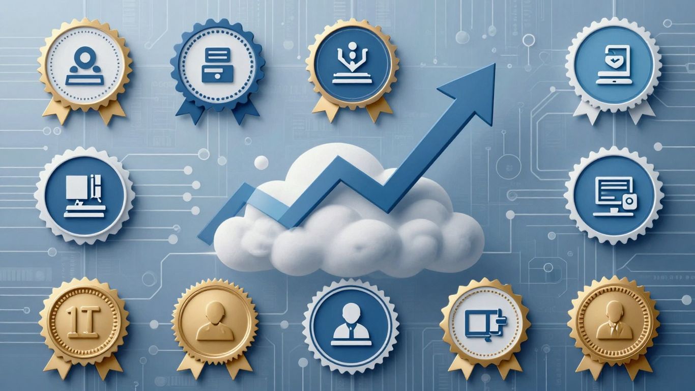 IT certifications infographic with career growth arrow.