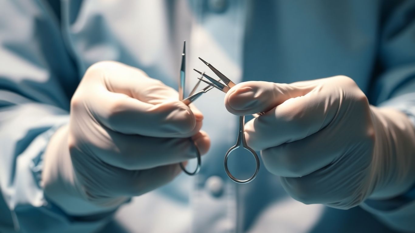 Surgeon's hands with instruments, sterile environment.